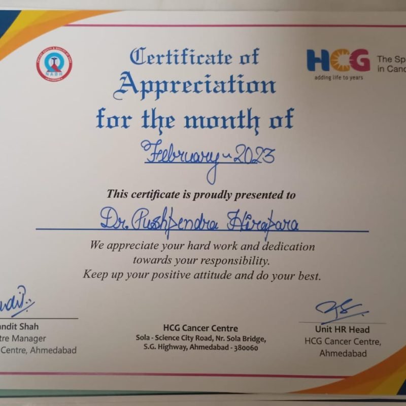 Certificate of appreciation February 2023 HCG cancer centre Ahmedabad